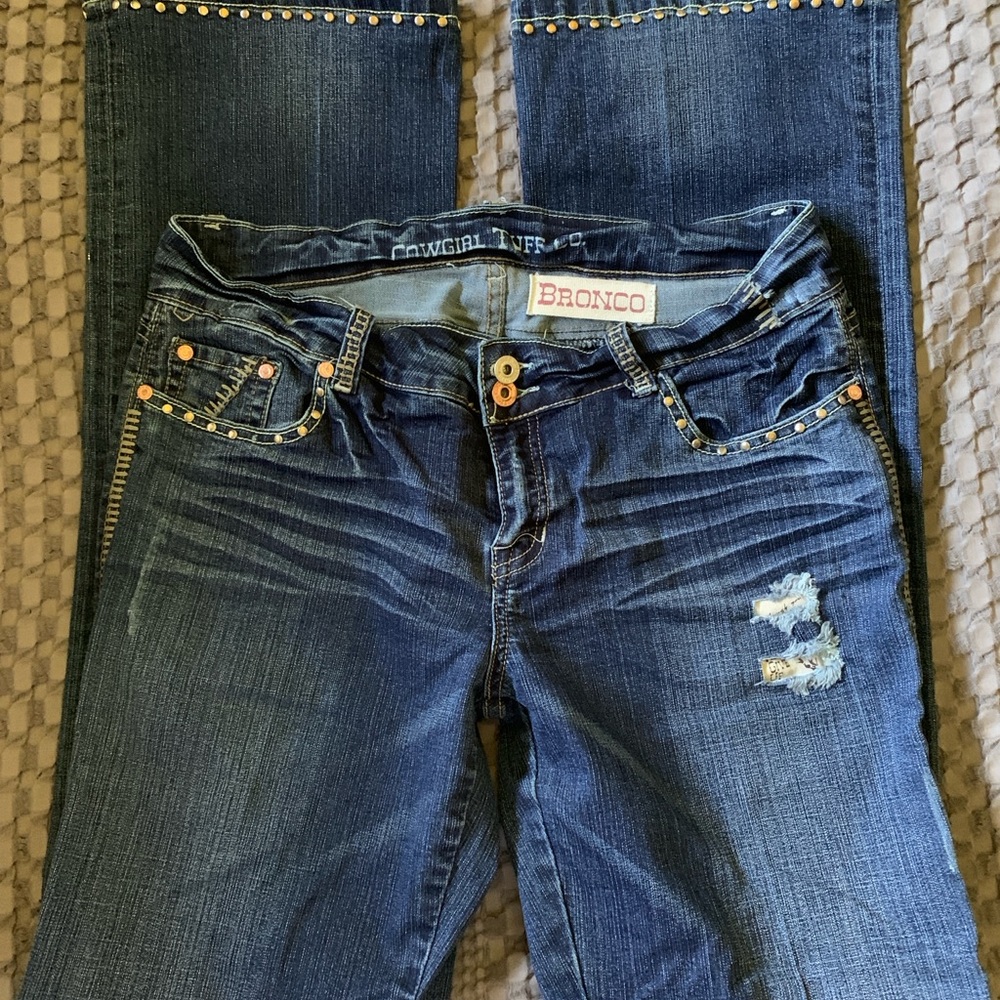 Cowgirl Tuff Distressed Blue Boot Cut Jeans